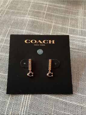 COACH Rose Gold Crystal Bar Earrings with Signature C Charm